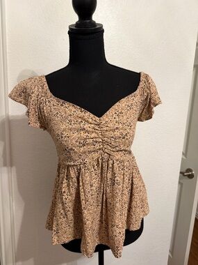Japna Tan Floral Ruched Peplum Blouse